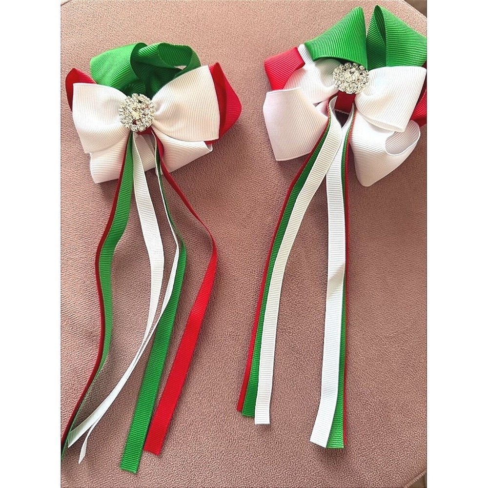 Besaleck Red White Green‎ Grosgrain Ribbon Hair Bows with Streamers 2pc Set NEW